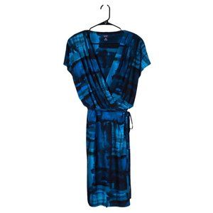 Chaps Ralph Lauren Women's Dress Blue Abstract Stretch Belted Short Sleeve Large